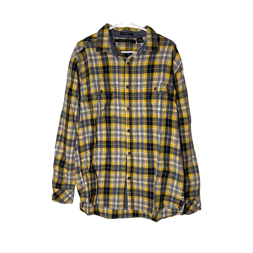 Sean John Men's XL Tailored Fit Plaid Long‎ Sleeve Shirt Yellow Blue Gray
